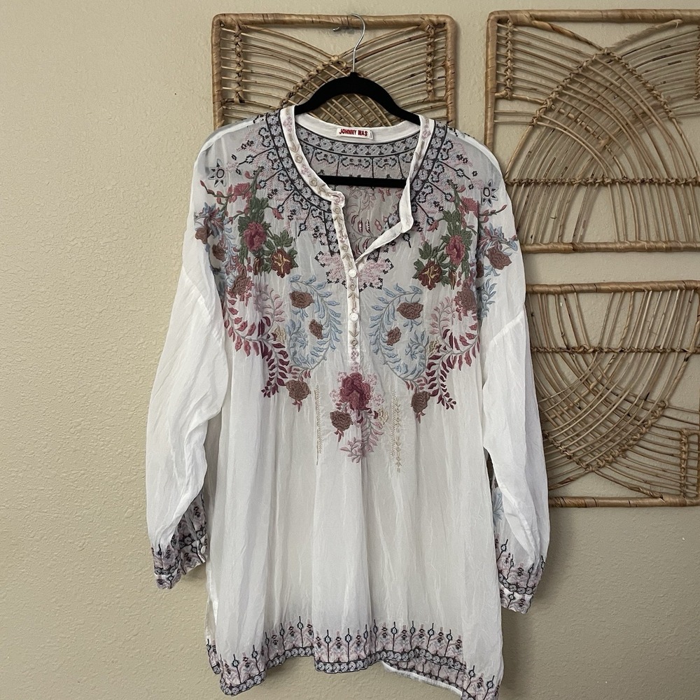 Johnny Was White Sundae Embroidered Long Sleeve Tunic Top Boho Chic 3X READ B7